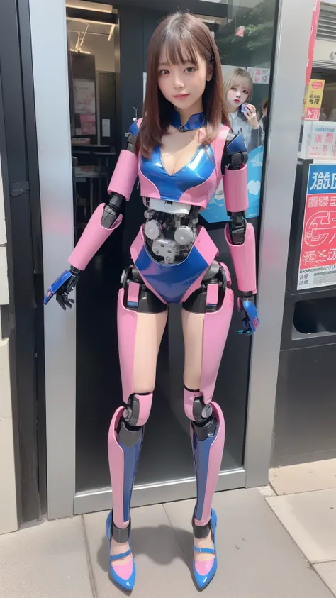 (Photorealsitic:1.4)、one robot woman、(top-quality)、(hyperdetailed face like an idol)、(Super well-formed face like an idol)、(Robot Parts)、(Female-Robot)、(25 years-old)、(Blue)、(pink there)、(Burgundy)、(metallic)、(full-body)、(Slender body)、(Model body type)、(f...