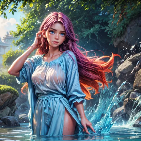 masterpiece, best quality, loose summer clothes, long shirt, long dress, colorful hair, outdoor,upper body, colorful summer clothes, varied colours, ((bright sunshine)), ((fully clothed)), warm clothes, wet clothes, ((soaked)), ((drenched)), ((dripping wet...