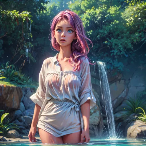 masterpiece, best quality, loose summer clothes, long shirt, long dress, colorful hair, outdoor,upper body, colorful summer clothes, varied colours, ((bright sunshine)), ((fully clothed)), warm clothes, wet clothes, ((soaked)), ((drenched)), ((dripping wet...