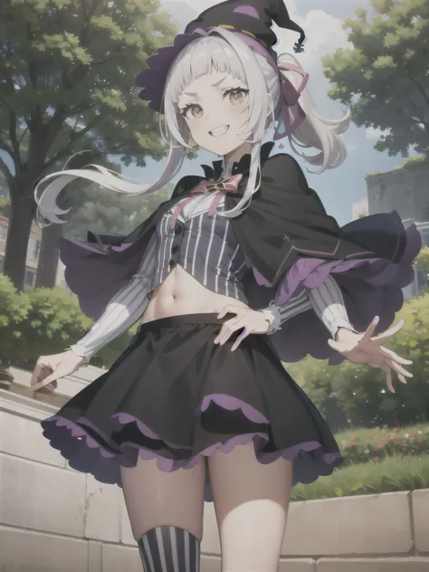   Masterpiece ,  best quality,  high definition , fashion,  1 girl,  long hair, (Hair in a ponytail:1.1), Short eyebrows,  small breasts,  headband ,  Witch Hat ,  pink bow tie,   black capelet , Pinstripe shirt,  Long Sleeve , abdomen,  , black skirt  ,  ...