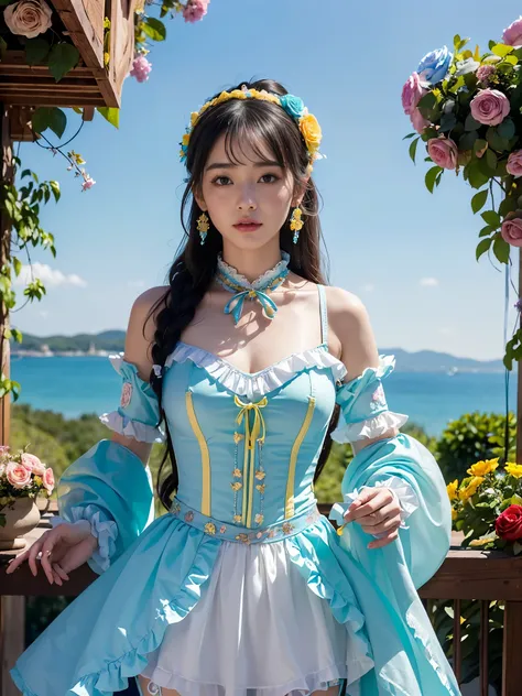 (masterpiece、top-quality、top-quality、Official art、Beautifully Aesthetic:1.2)、(One girl:1.3)、A highly detailed、(Fractal Art:1.1)、(colourfull:1.1), (florals:1.3)、The most detailed、(Zentangle:1.2)、full body Esbian、(Blue sky and rose garden:1.3)、(shinny skin)...