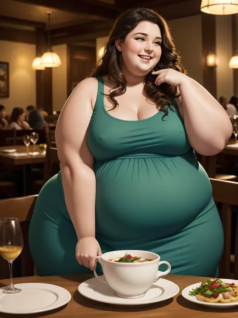 A very beautiful obese young woman with blue eyes, fat belly, fat hips, fat thights, fat arms, with long curly brown hair, blue eyes, natural beauty, in a long tight green dress laughing in a romantic restaurant in the evening