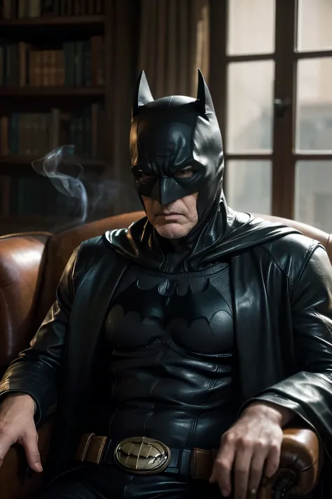 An elderly Batman with deep, rugged wrinkles sits in a worn, leather armchair, his eyes gazing out into the dimly lit, smoke-filled study of Wayne Manor, the weight of years of crime-fighting bearing down upon his weary face.