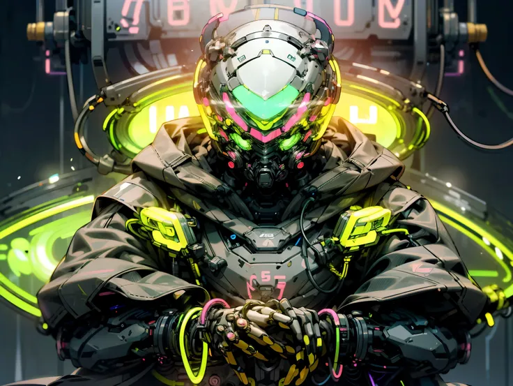 Helmets、(Gas masks:1.3)、(Neon rings:1.8)、(Neon cables:1.2)、(hooded:1.2)、(((Exercise)))、colorful、cyberpunked、(fantasy sword)、((1 man))、Mechanical Marvel、robot、((( masterpiece 、highest qualityr、beautiful、Ultra-detailed))) splash