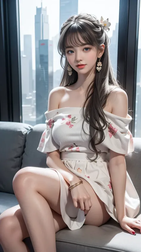 （Girl sitting on sofa in office)、Beauty、 One Girl、alone、Long Hair、Viewer、smile、blue eyes、hair ornaments、、gem、Gray Hair、Shut your mouth、Blunt bangs、Manicure、bracelet、lips、Grey Eyes、Portraiture、Red nails、close、赤いlips、Put your hands on your face、Place your ha...