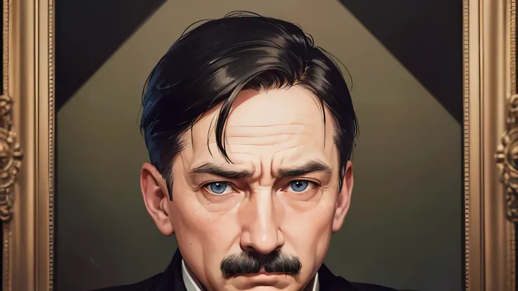 A highly detailed portrait of Adolf Hitler during World War II, depicted as a middle-aged man in his early 50s. His face is angular, with sharp cheekbones and a small, neatly square mustache. His piercing blue eyes exude intensity, framed by deep-set socke...