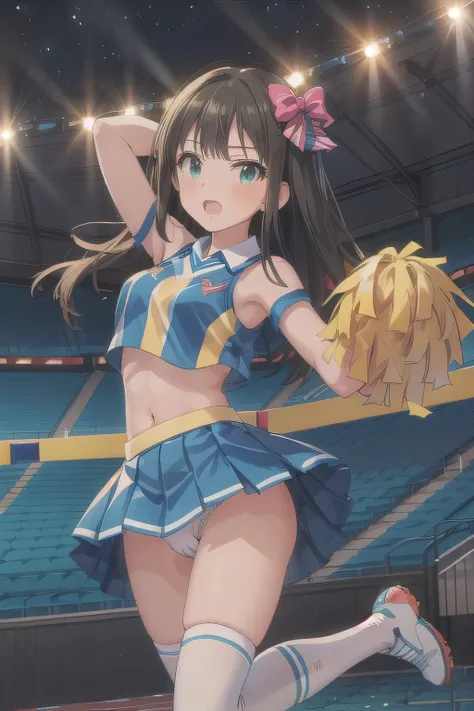 nsfw. Shes wearing a cheerleader costume with a cute design, and her miniskirt and bright bow are eye-catching. The background is a soccer stadium illuminated by the night sky, and the lighting creates a dramatic atmosphere. She is cheering in a pose with ...