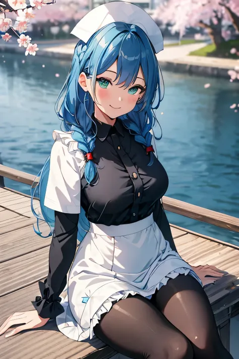 ( best quality, 4K, 8k,  high definition ,  Masterpiece :1.2),  1 girl, Alone, ( blue archive , Mine Aomori:1.5), cowboy shot,  viewer, ( blue hair , Very long hair:1.2), sideburns with braids , (Green Eyes:1.3), Sparkling Eyes,  big breasts, (Nurse unifor...