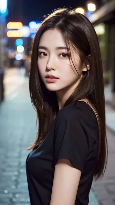 (Best quality, High resolution, Masterpiece :1.3), A pretty woman, Slender figure, Dark brown hair, T-shirt, (Street in city at night), Highly detailed face and skin texture, Detailed eyes, Double eyelid, black shirt