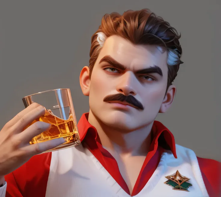 Frontal view of an Italian mafia boss holding a whiskey glass, man, brown hair, a wisp of white hair above both ears, realistic hair texture, sharp and fierce eyes, melancholy and serious expression, cruel, serious, a tuft of mustache on the chin, thick ey...