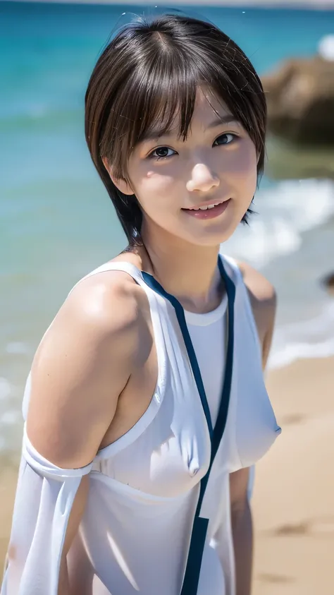 (((sea)))、((( sandy beach))))、Shooting with Leica, analog, 35mm、 (Artistic light leakage:1.4), Lens flare:1.4、Style Row、 middle school girls 、 beautiful Japanese girl , smile, Alone、  very cute girl、 dynamic angle, cute Japanese girl, dark brown hair ,  bo...