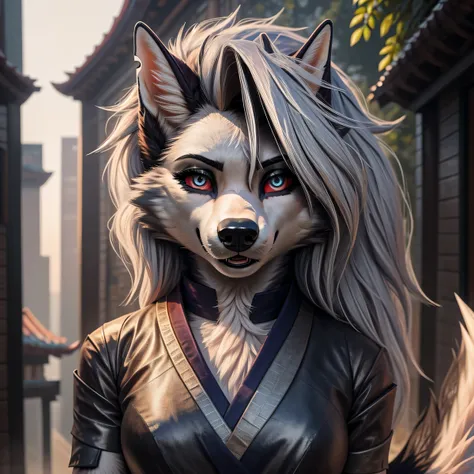 1girl,full body,extremely detailed  face, beautiful detailed eyes,light on face,cinematic lighting,looking at viewer,outdoors,(balck Chinese architecture:0.05),hanfu, Loona Hellhound. 