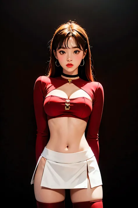 Surreal and cinematic picture of a young asian, slim fit young teen girl, round face, full crimson lips, super slim waist, extremly long skinny legs, navel percing, big gold ear ring, blushing cheeks, very long straight dark ruby red hair, pale white skin,...