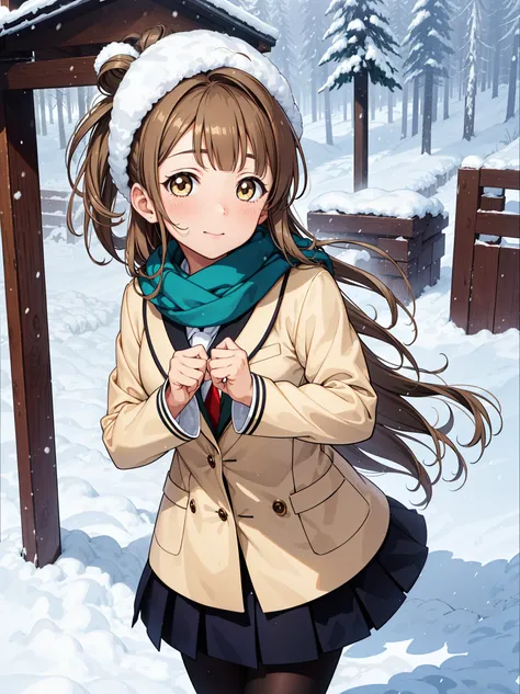 masterpiece,  Minami Kotori,  brown hair ， golden eyes，curls,  mini skirt,  School Uniform，winter，scarf，Plush，snow hat ， black pantyhose crotch,   Warm Winter Sun ，Snow， soft colors，dusk