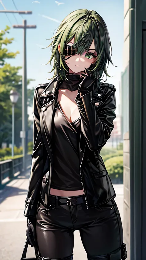   one girl，  green hair，  shortcut that doesnt shed bangs，  shortcut that doesnt shed bangs， eye patch(Right eye only)， Green Eyes(left eye only)，  black leather jacket， Black Leather Pants ，black finger cutting gloves  ，  black boots，Around town，  is amaz...