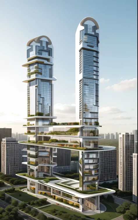 Realistic skyscraper , in a city, half ring shaped structures on top, square balconies on façade, roads, cars,