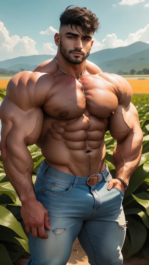 barbado, Shirtless indian man standing in front of a cornfield, pantalones vaqueros, Super buff and great, pecho peludo y cuerpo peludo, pecho peludo, Pelo en el pecho, 30 year old man, inspirado en Maluma