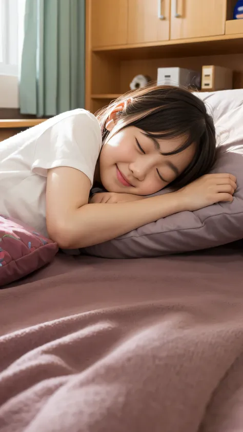 A Japanese elementary school student、Sleeping with a smile、 super real 、4K