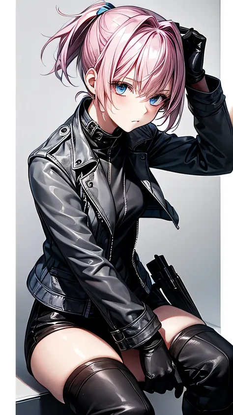 one girl， pink hair， short ponytail ， short hair， light blue eyes， grey leather jacket，black leather pants，black finger cutting ...