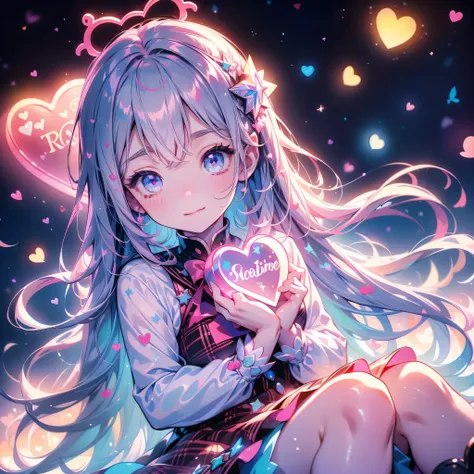 face close-up 、 chocolate plate icon 、 holding a heart cushion 、 chibi、cute love fairy、cute、 pretty face、( beautiful eyes、 detailed eyes on board)、( Best Details 、The best configuration、 perfect anatomy )、Full body front、Front、 facing the viewer 、 one gir...
