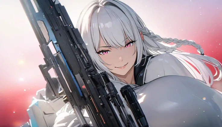(masterpiece, UHD, 8K, 16K, ultra detailed, best quality:1.2), illustration, yuri, 2girls, (duo focus), Ily(girl on left, white long braided hair, hair over one eye, pink eyes, smirk, wearing black skimpy bodysuit, sniper rifle), rize(girl on right, short ...
