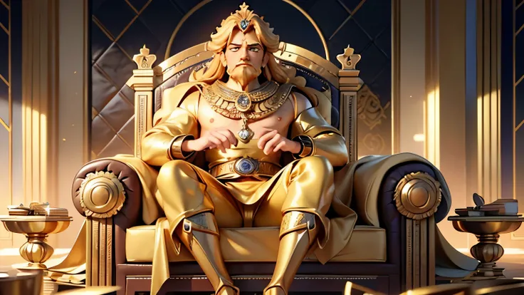 unity 8k wallpaper, ultra detailed, masterpiece, best quality, RAW, masterpiece, detailed face, King Midas sits on his golden throne, his face filled with sadness and loneliness. The background stretches wide and deep, filled with countless piles of gold a...