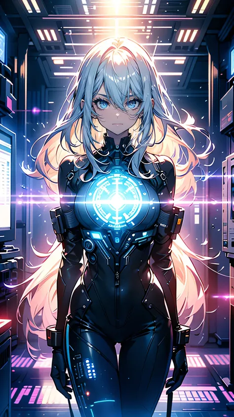 “A brilliant female technologist, Emilia Hawke, stands in front of a large control panel filled with glowing monitors and complex data streams. She has shoulder-length, straight platinum blonde hair and wears a form-fitting black jumpsuit with intricate di...