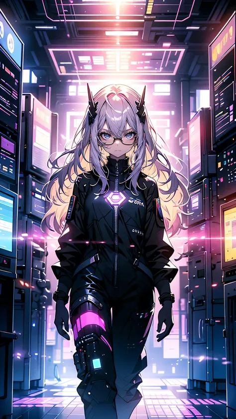 “A brilliant female technologist, Emilia Hawke, stands in front of a large control panel filled with glowing monitors and complex data streams. She has shoulder-length, straight platinum blonde hair and wears a form-fitting black jumpsuit with intricate di...