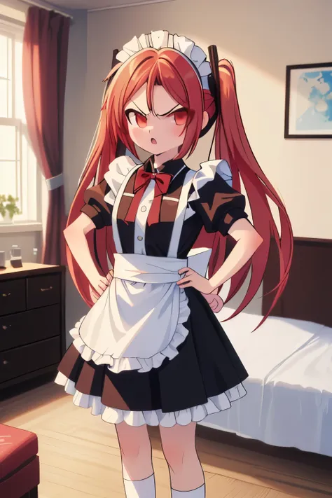 enju aihara, red hair, messy bed, long hair, looking at viewer, standing in bedroom, angry, hands at hips, black socks, maid outfit, maid uniform