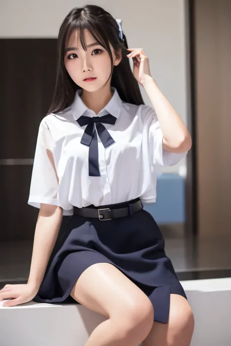 cute thai asian girl, solo, long hair, blue skirt, white shirt,black hair, ribbon, sitting, braid hair, belt, righthand  ring, left wristwatch, photo background ,high_resolution ,excellent, performance and top quality, hyper_detail ,8k,Realism, 