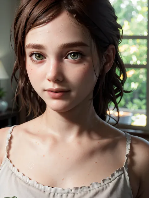 A stunning and intricate full color Ultra-HD portrait, a girl, short brown hair, green eyes, detailed face, ((detailed face:1.5)), ((cute face:1.3)),((flat chiest:1.5)), Pure white camisole, in a bedroom with a window. no plants, epic character composition...