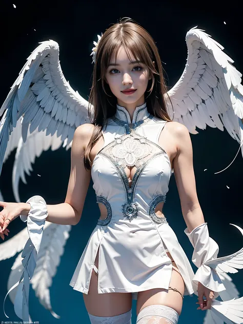 Cyborg, Girl, Beautiful girl, Cute, Sexy, Strong, Slender, Delicate, Smile, (Lolita costume), High legs, Metallic, ultra color, paisley, mandalas, Near future, Heaven, angel, feater, wing, Helix lamp, (The wings are symmetrically paired;1.5),
