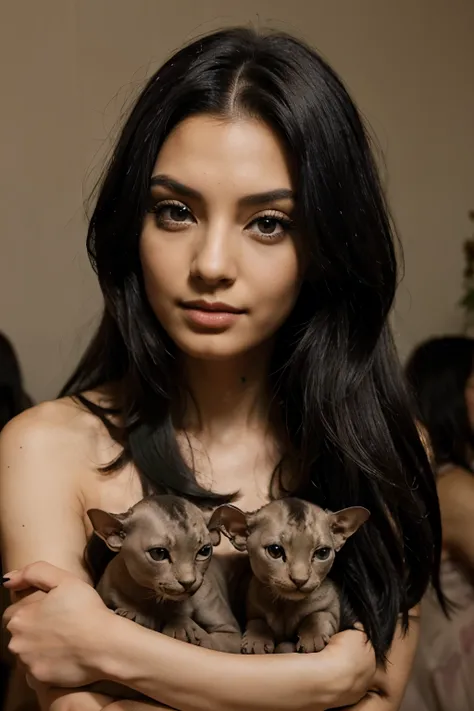 A beautiful black-haired woman surrounded by many young sphynx kittens with different colors