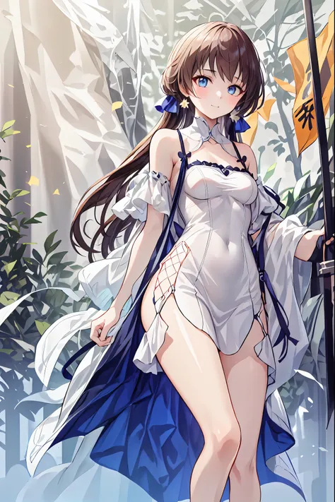 long dark-haired girl in a white dress，((  best quality )), ( very detailed), (  high leg cut ), 高いly detailed,  high-definition...