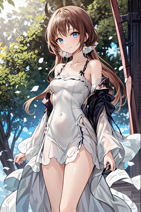 long dark-haired girl in a white dress，((  best quality )), ( very detailed), (  high leg cut ), 高いly detailed,  high-definition...