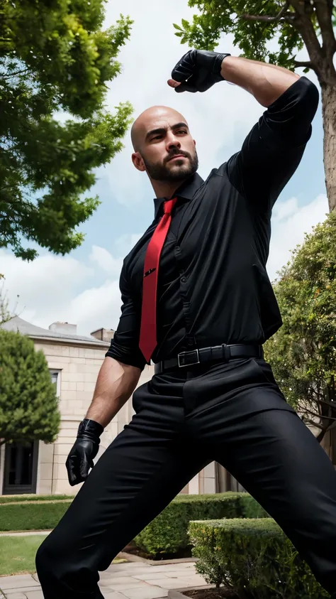 30years old, One Man,、 black shirt、Red tie、 black slim pants 、 Black Gloves 、 black boots 、Combatant、 carrying a pistol around the waist、garden、　 Legs open。cool battle pose。 black shirt、Red tie、 black slim pants 、 Black Gloves 、 black boots 　short hair 、更に...