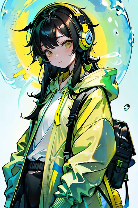 A beautiful girl with a young face is drawn sideways、 long black hair。 beautiful brown eyes。Wearing a yellow hoodie 、 carrying a large blue backpack 、 wearing green headphones 。 The background is pale pastel green 、 overall clean and bright atmosphere 。 de...