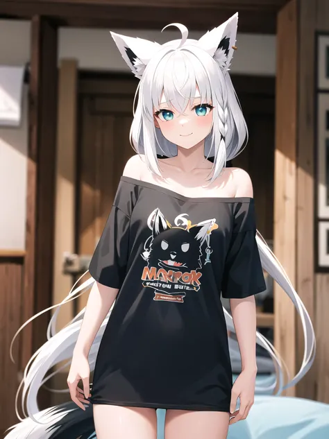   Masterpiece ,  best quality,  high definition , ggfbk,  long hair, Ahoge,  animal ears ,  foxtail , chest, clavicle,  off shoulder, Bare shoulders, T-Shirts, Printed shirt,  black shirt , Short sleeve, No pants, Bare legs,  standing, smile,  cowboy shoot...