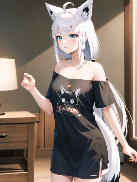   Masterpiece ,  best quality,  high definition , ggfbk,  long hair, Ahoge,  animal ears ,  foxtail , chest, clavicle,  off shoulder, Bare shoulders, T-Shirts, Printed shirt,  black shirt , Short sleeve, No pants, Bare legs,  standing, smile,  cowboy shoot...