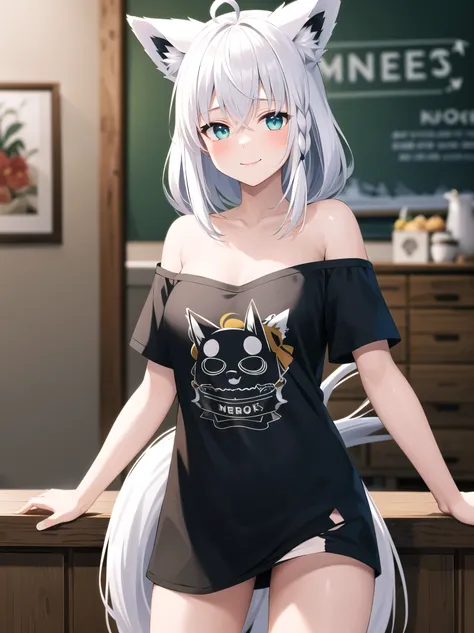   Masterpiece ,  best quality,  high definition , ggfbk,  long hair, Ahoge,  animal ears ,  foxtail , chest, clavicle,  off shoulder, Bare shoulders, T-Shirts, Printed shirt,  black shirt , Short sleeve, No pants, Bare legs,  standing, smile,  cowboy shoot...