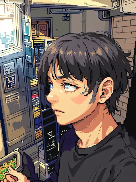 arafed man in a black shirt looking at a refrigerator, with short hair, mid long hair, one side haircut, shag cut, mullet haircut, shag haircut, the hime cut, sideburns, mullet long haircut, modern haircut, short haircut, short hair cut, by Kanbun Master, ...