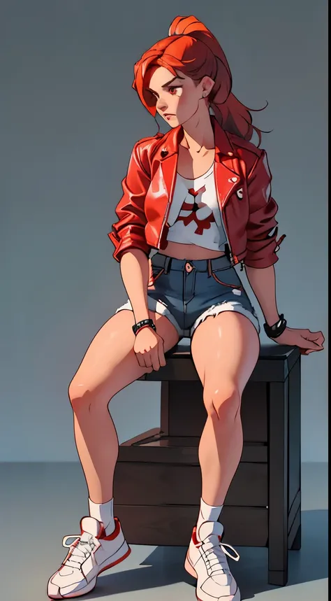  30s • Female • Red hair, short ponytail • Clothing style consists of a white bear print shirt with black denim shorts and white sneakers. • Red eyes • Pinky ring • Fair skin tone • Fighter • Confident • Great listener with a motherly personality (either r...