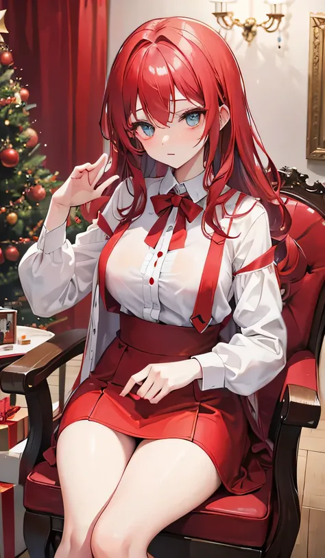 liselottecretia,    wavy hair ,  eyes, (     red hair  :1), sex,   beautiful , New Year, near the Christmas tree , he says a poem on a chair