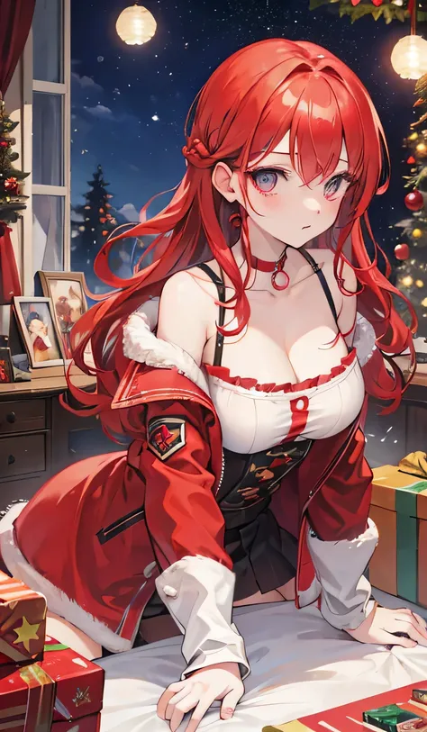 liselottecretia,     wavy hair ,  eyes, (       red hair   :1), sex,    beautiful  , in a down jacket , red cheeks,  at a Christmas toy store