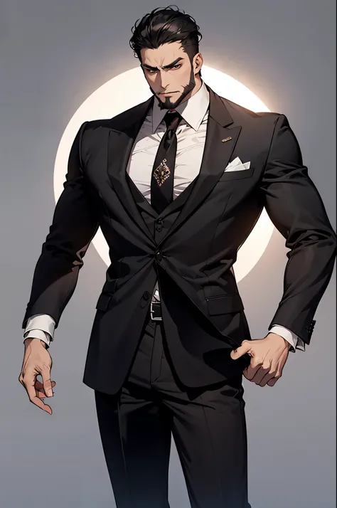  high definition ,  simple background,masterpiece,  anatomically correct ,  best quality,  won many awards , 40 years old、male１people、 black hair, Square jaw、Square face、Muscular、Big body、Beard,mafia、black business suit、Bad mood、cigar