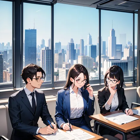 Professionals working in an office environment, one person standing in the center, one on either side, listening, one holding a pen, one reviewing recruitment materials, one wearing stylish glasses, one typing on a slim laptop, men and women in modern suit...