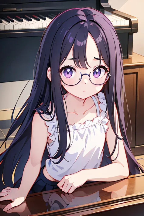  elementary school  toddler flat chest black hair 　Straight long hair with forehead sticking out　Bangs 7：3 splits　（（（（ forehead is sticking out in front of the piano））））　 purple eyes　Round Glasses（（One person））upper body white sleeveless blouse　 lower body...