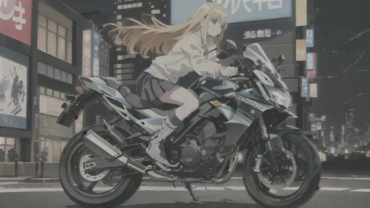  girl riding a motorcycle, Long hair, Blonde,  short skirt , , city, night view, Out of focus, SUZUKI ,