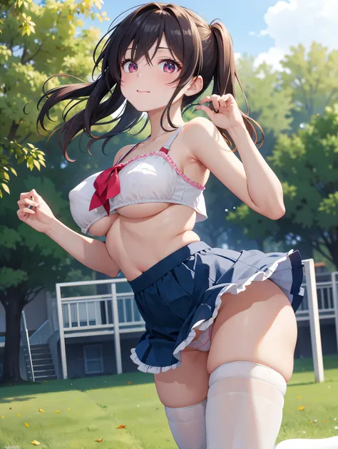 (( best quality)), ( high definition ), (( Very detailed))、(masterpiece)、A high school girl with mature disheveled hair is taking nude photos、Im wearing a cute bra and cute panties、(Im wearing knee-high stockings)、(Dancing in the park )、Cute nipple shape、(...