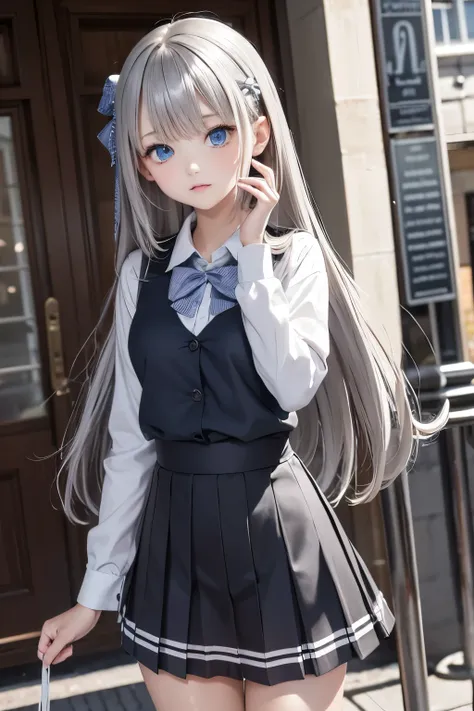 masterpiece, best quality, Very detailed, pretty girl, teenager, smaller breasts, Thin Waist, long hair, Silver Hair, perfect eyes, so cute,Fairy,slender, school uniform, bow tie, checked skirt ,bustling street